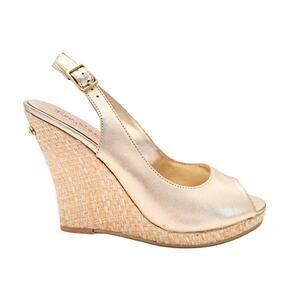 Lilly Pulitzer Kristin Gold Metallic Wedges Heels Size 8.5 Sling Back Peep Toe